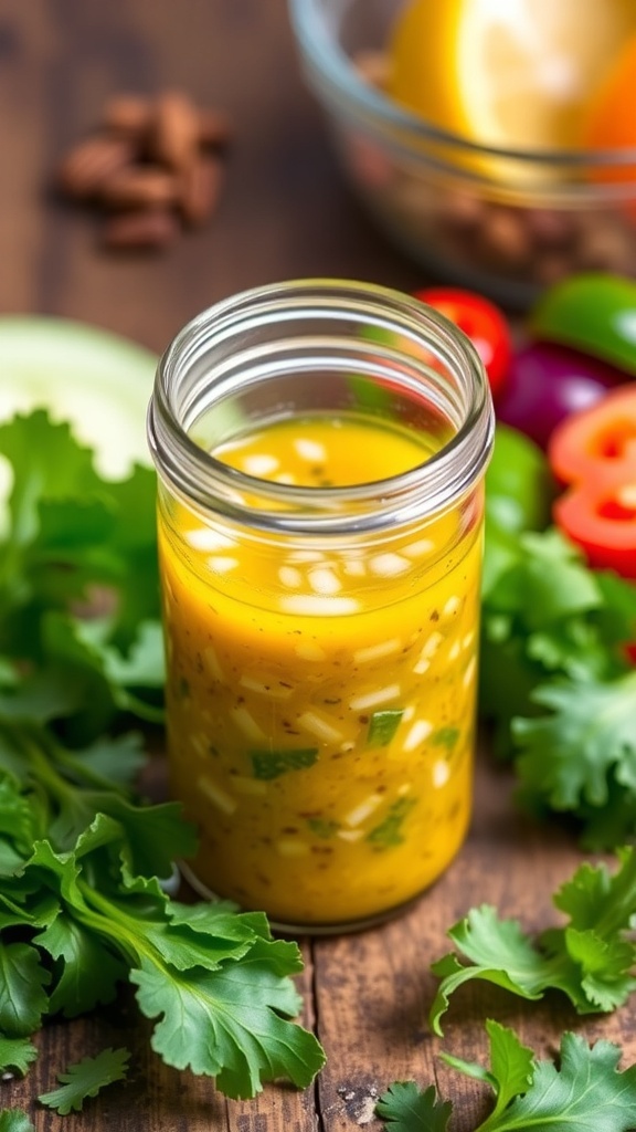 A jar of onion vinaigrette dressing with chopped onions, set on a wooden table with salad ingredients.